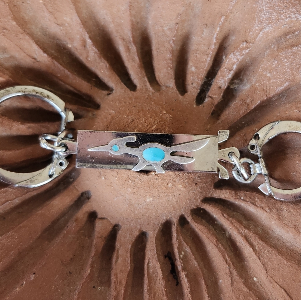 Native American Sterling Turquoise Vintage Roadrunner Keychain Navajo Zuni